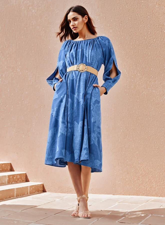 Iconic Floral Gathered Dress with Volume Sleeves and Pockets - Image 1